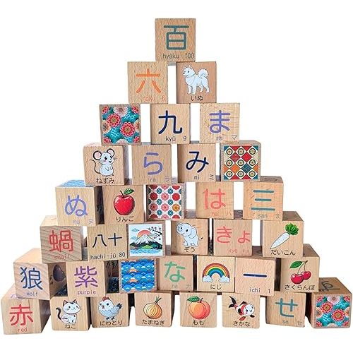 Tot Dojo Japanese Wooden Block Set (46 pcs) for Toddlers & Kids - Hiragana, Katakana, Kanji, Romaji - Animals, Numbers, Colors, Foods, Shapes - Solid Beech Wood