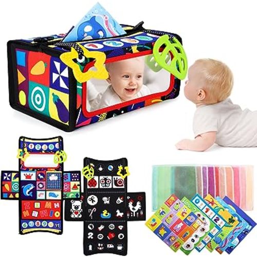 Tummy Time Mirror Toys, 3 in 1 Baby Toys 0-6 6-12 Months Newborn Infant Sensory Montessori Toys with Colorful Silk Scarves and Teethers Black and White High Contrast Tissue Box Activity Gift