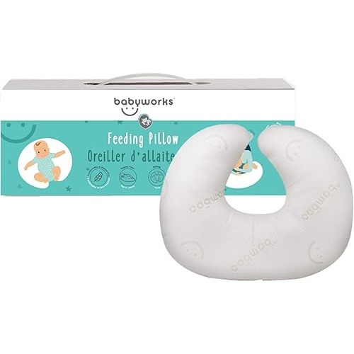 Baby Works - Nursing Pillow and Positioner, for Breastfeeding and Bottle Feeding, Supportive Memory Foam, Machine Washable Cover - White