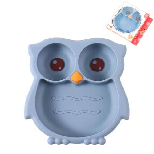 PandaEar Toddler Suction Plates, Stay Put Divided Baby Plates, Owl Shape BPA-Free 100% Food-Grade Silicone Unbreakable Baby Plate, Baby Feeding Supplies (Blue)