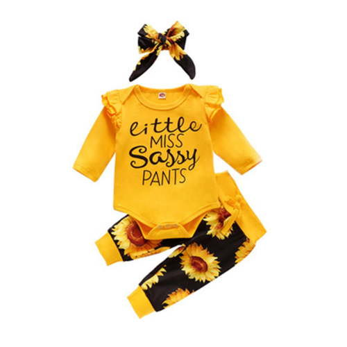Odeerbi Baby Girls Clothes Infant Ruffle Long Sleeve Sunflower Print Bodysuit 3PCS Baby Layette Set