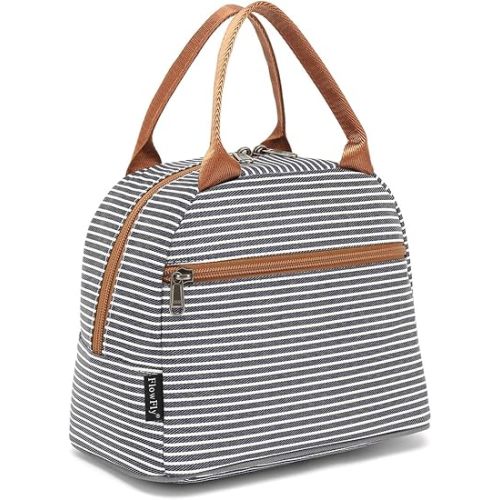 FlowFly Lunch Bag Tote Bag Lunch Organizer Lunch Holder Insulated Lunch Cooler Bag for Women/Men,White&Black Stripe