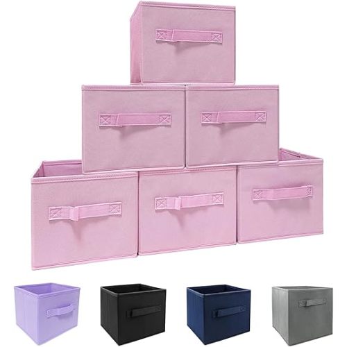 Pink Bins[6 Pack] 9.0"x7.5"x7.5" Small Size Fabirc Foldable Closet Toy Organizer Collapsible Cloth