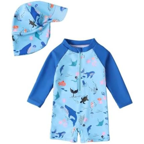 WYTbaby Baby Boy Rash Guard Swimsuit Set with Sun Hat, Long Sleeve One Piece Zipper Sunsuit for Infant Toddler 0-3T