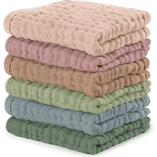 Comfy Cubs Muslin Baby Washcloths 6 Pack - Soft 6-Layer Cotton Wash Cloths for Sensitive Skin - 10"x10" Large, Gentle, Absorbent Infant Essentials for Newborn and Toddlers - Multicolor