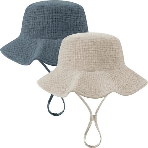 2 Pack Muslin Baby Sun Hat UPF 50+ Sun Protection Baby Bucket Hat with Wide Brim Beach Hats for Boys Girls