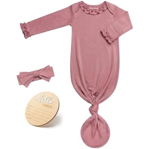 Newborn Knotted Gown for Baby Girls with Ruffle Neck & Sleeves, Infant Sleepers Gown with Bow Headband & Announcement Sign