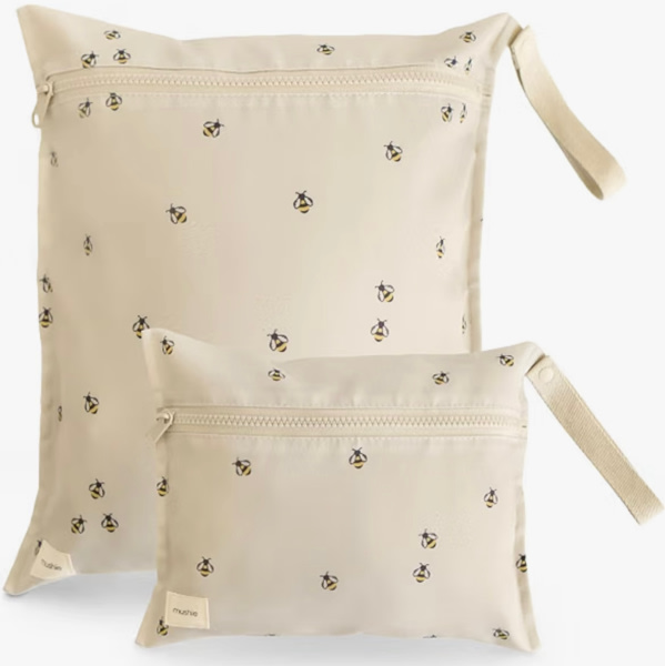 mushie Water Resistant Wet Bags | Large & Small Reusable Storage Bag for Baby Items and Travel | Zippered Pockets with Handle | Machine Washable, Set of 2 (Bees)