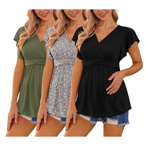 Ekouaer Maternity Shirts 3 Packs Flying Short Sleeve Nursing Tops Pregnancy Clothes