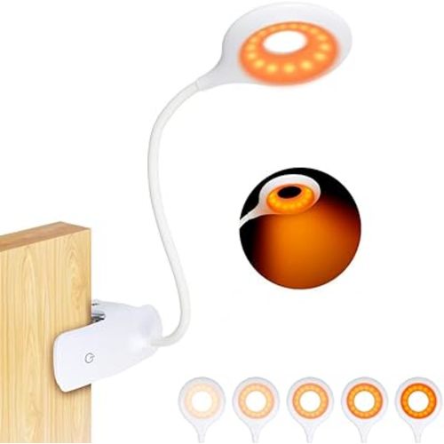 Clip-on Reading Light for Bed - Amber Book Read Light Rechargeable 5 Brightness Desk Light Clamp Lamp, Touch Control Dimmable Lamp with Flexible Neck, Gentle Night Light(White)