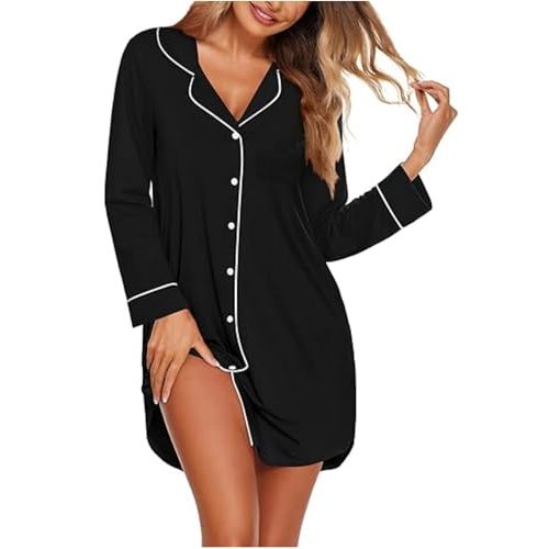 Ekouaer Women's Nightgown Long Sleeve Nightshirt Button Down Sleepshirt Boyfriend Sleepwear Pajama Dress S-XXL