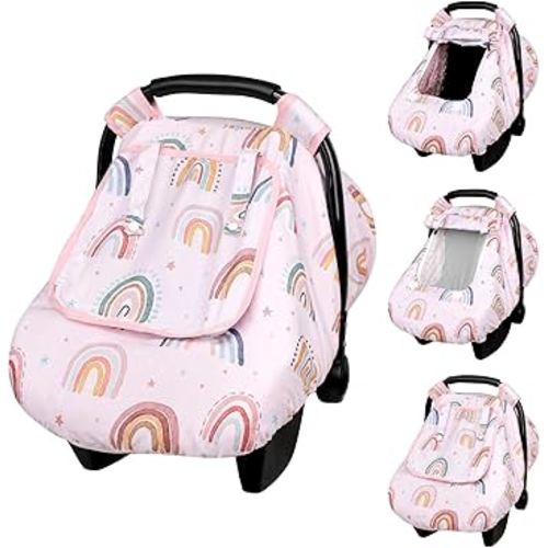 Car Seat Cover Baby Girl Boy, Warm Winter Carseat Cover for Baby, Kick-Proof Infant Car Seat Cover with Peep Window, Windproof & Cozy, Pink Rainbow