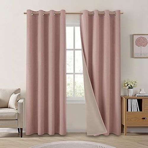 HOMEIDEAS 100% Blackout Curtains 2 Panels Blush Pink Linen Room Darkening Curtains 52 X 84 Inches Thermal Insulated Grommet Window Drapes with Liner for Nursery, Living Room, Bedroom