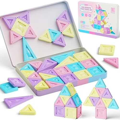 burgkidz Travel Magnetic Tiles for Girls : 40 PCS Macaron Mini Magnet Blocks with Pink Tin Box - 120 Mins Quiet Play for Airplane Car Essentials, Present for Girls Ages 3-8 Year Old