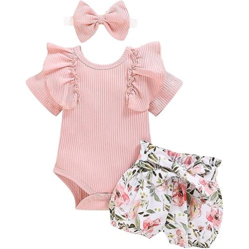 Baby Girl Clothes Newborn Cute Ruffle Short Sleeve Romper Floral Shorts Summer Outfits with Headband 0-18 Months