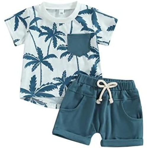Karwuiio Toddler Baby Boy Summer Outfit Short Sleeve T-Shirt Tops Elastic Waist Shorts Set Baby Boys Clothes