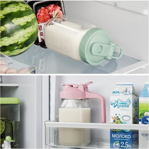 Breast Milk Pitcher Jug - 32 oz Glass Mason Jar Airtight Pitcher with Pour Spout Handle for Breastmilk, Iced Tea, Ice Drinks Storage Container（Green）