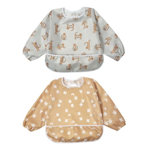 Little Dimsum Baby Bib with Pocket Waterproof Toddler Bibs Infant Feeding Bibs for Boys and Girls, Pack of 2 Colors