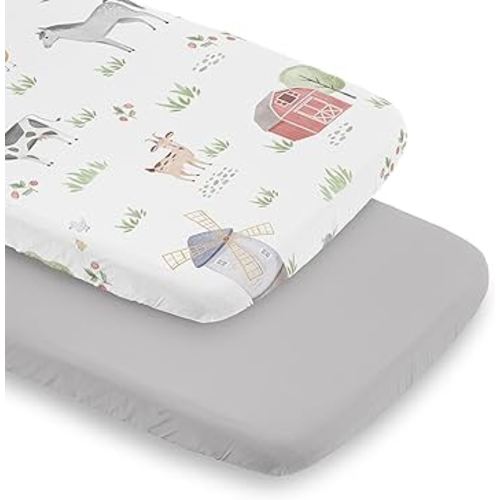 Sweet Jojo Designs 2-Piece Baby Bassinet Sheets Set (Farm Animals) for Girls, Infant Newborn Nursery, Oval, Rectangle & Hourglass Mattress (Neutral, Farmhouse, Barn Animal, Farms Theme, Cow, Horse)