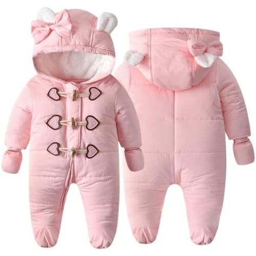 BYFRI Baby Boys Girls Snowsuit Winter Hooded Fleece Jumpsuit Newborn Warm Footed Coat Outerwear with Gloves 0-9M