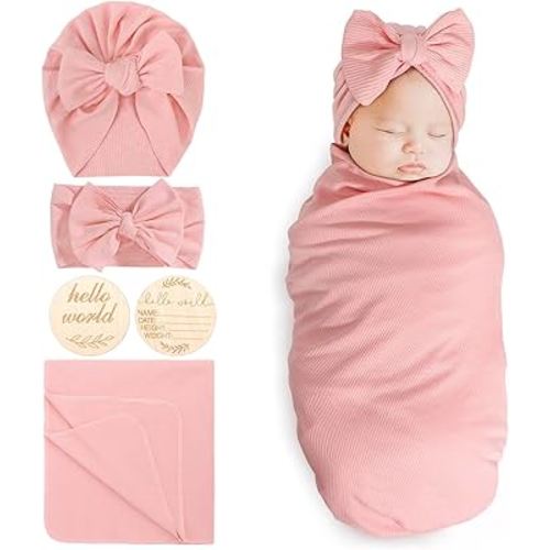 DRESHOW BQUBO Baby Girl Newborn Receiving Blankets with Bow Hat Headband Wooden Birth Announcement Card Set Newborn Baby Swaddle Wrap Set Warm Shower Gift