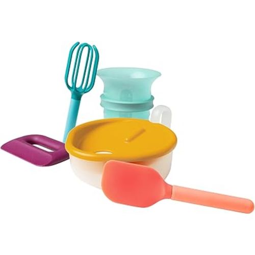 Boon Intro Toddler Food Prep Set - Kids' Kitchen Tools - 5 Unique Toddler Kitchen Accessories Includes Spatula, Egg Cracker, Chopper, Measuring Cup, Bowl - Ages 3+ Years