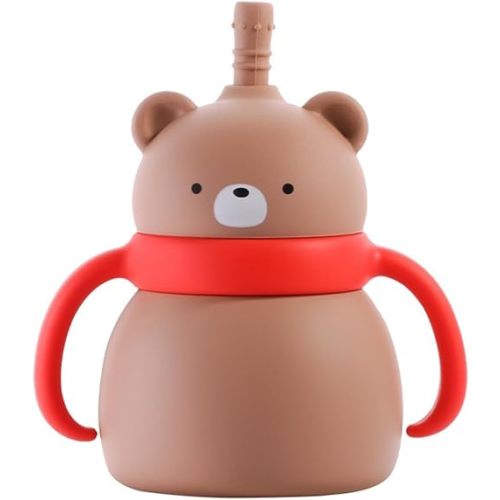 PandaEar Baby Silicone Drinking Training Cup with Handles& Straw, BPA-Free, Leak-Proof for Infants and Toddlers 6.8 oz (Brown Bear)