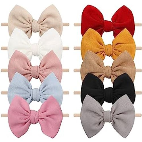 YanJie 4.5'' Nylon Bow Headbands for Baby Girls - Handmade Tied Bows Hair Accessories for Infants and Toddlers - 10 Pieces