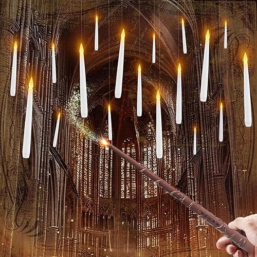 Raycare 20 Pcs Floating Candles with Wand, Hanging Candle with Timer, Magic Deco Candles Flickering Warm Light, Flameless Taper Candle with Remote, LED Candlesticks for Birthday Halloween Party Decor