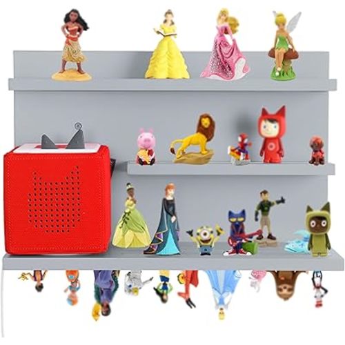 PHOENANCEE for Tonies Shelf Magnetic,for Toniebox Figures Storage Display Shelf (40-48 Character),Wall Floating Shelves Wooden,Compatible Charging Station for Children Kid's Room,Pine,3 Tier(Gray)