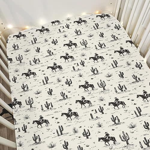 Black Cowboy Horse Baby Crib Sheets for Boy Girl 52x28Inch Western Cowboy Cactus Soft Stretchy Fitted Crib Mattress Cover Western Desert Baby Sheet for Standard Crib and Toddler Bed Mattress