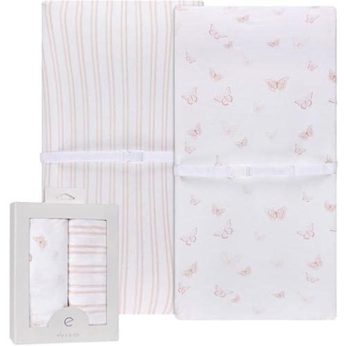 Ely’s & Co. Changing Pad Cover, Diaper Changing Table Sheets, 2 Pack, Cradle Sheet Set for Baby Girls, 100% Jersey Knit Cotton, Pink Butterfly + Stripe Collection, 32”x16”x5”