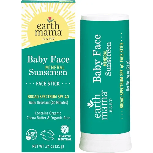 Earth Mama Baby Face Mineral Sunscreen Stick SPF 40 | Reef Safe, Non-Nano Zinc, Contains Organic Cocoa Butter & Aloe | Babies, Kids & Family 0.74-Ounce