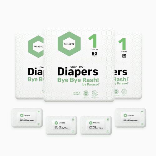 Parasol Clear+Dry Disposable Diapers and Clear+Pure Wipes, RashShield Protection, Size 1 (7-14 lbs), Diaper Bundle of 240 Diapers & 240 Wipes