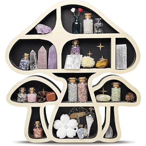Wooden Mushroom Floating Shelves, Crystal Display Shelf for Wall, Cute Mushroom Wall Decor, Rock Gem Stone Storage Organizer, Essential Oil Holder Hanging Case, Meditation Art Spiritual Gift