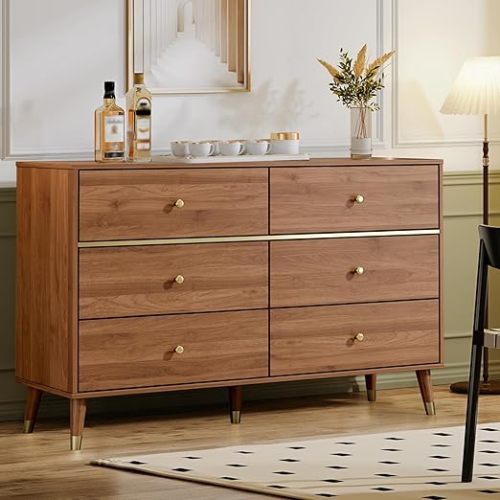 6 Drawer Dresser,47" Wide Mid Century Chest of Drawers,Wooden Bedroom Drawer Dresser with 6 Storage Drawers for Bedroom,Living Room,with Anti-Tipping Device,Walnut