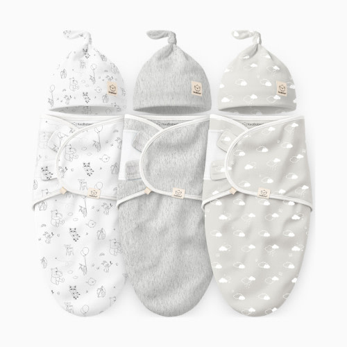 KeaBabies 3-Pack Soothe Swaddle Wraps with Knot Hats - Aspire