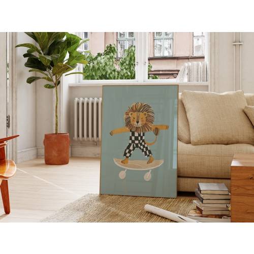 Lion on Skateboard Print, Eclectic Nursery Print, Maximalist Wall Art, Colorful Kid&#39;s Room Decor Boy Blue Animal Print, Boy&#39;s Room Decor