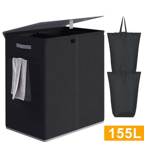 BGTREND Double Laundry Hamper with Lid 155L Laundry Basket with Removable Liner Bags & Side Mesh Pocket Collapsible Laundry Sorter Dirty Clothes Hamper (Black)