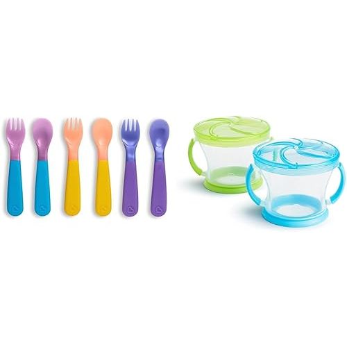 Munchkin® ColorReveal™ Color Changing Toddler Forks and Spoons, 6 Pack & Snack Catcher® Toddler Snack Cups, 2 Pack, Blue/Green