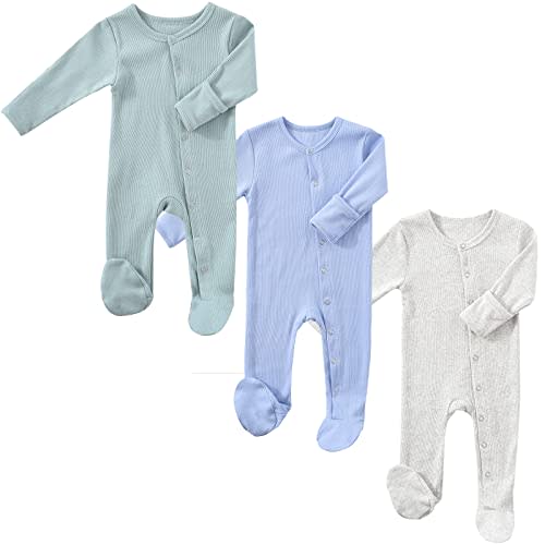 KISBINI Baby Footed Pajamas with Mitten Cuffs Unisex Cotton Snap-up Romper Jumpsuit Sleep and Play 0-12 Months Footies
