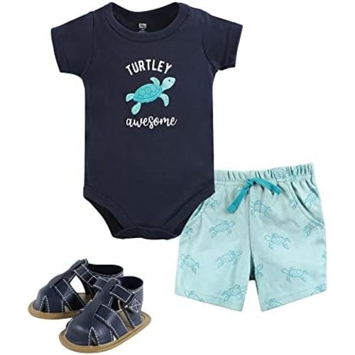 Hudson Baby Unisex Baby Cotton Bodysuit, Shorts and Shoe Set