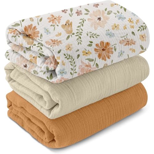 GLLQUEN BABY Muslin Swaddle Blankets,3-Pack Receiving Blankets for Newborn Boys and Girls,Baby Swaddle Blanket Unisex,Earth-Toned Boho Florals,Baby Essentials, Registry & Gift, 40 x 38 inches