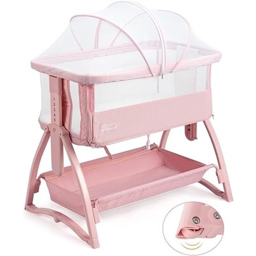 JOYMOR 4 in 1 Baby Bassinet Bedside Sleeper, Pink Rocking Bassinet for Baby, 7 Height Adjustable,All Mesh Side Design, Bedside Bassinet with Mattress, Mosquito Net, Storage Basket for Infants