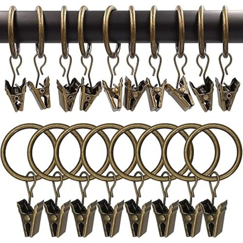 100 Pack Bronze Curtain Rings with Clips, Curtain Hooks Hangers Clip Rings for Hanging Drapes Bows Hat, Drapery Rings 1 in I D, Fits up to 5/8 in Diameter Curtain Rod.