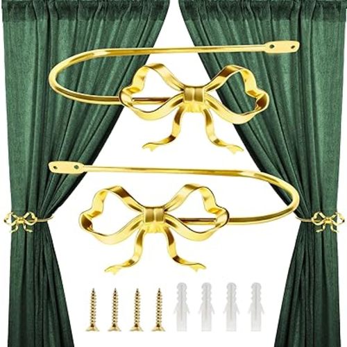 2 Pack Gold Bow Curtain Holdbacks, Metal Wall Mounted Curtain Hold Backs for Wall Modern Bow Curtains Tiebacks Decorative Window Drapery for Living Room Bedroom Office Home Decor