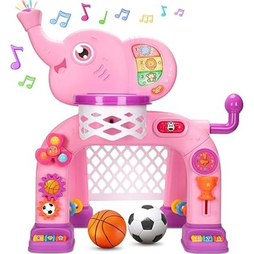 Toddler Basketball Hoop & Soccer Goal Sports Toys for 1 2 3 Years Old Girls Boys, Montessori Toys, Interactive Musical Toy with Lights, Christmas Birthday Gifts for Baby Kids Age 12-18 Months(Pink