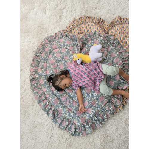 Heart Shaped Baby Play Mat, Vintage Blue Floral Ruffle, Padded Cotton