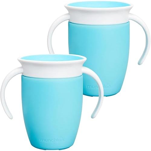 Munchkin Miracle 360 Cups for Toddlers sippy cups, toddler cups spill proof with Dentist Recommended Spoutless Design, BPA-Free Kids Cup, Easy to Clean, 7oz, 6 Months (Sky 2 Count)