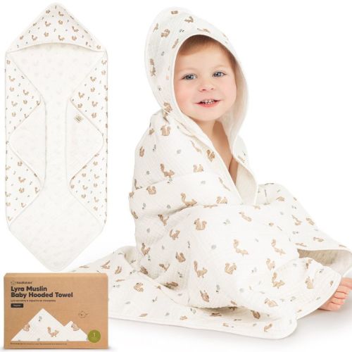 Lyra Muslin Baby Towels With Hoods For Newborn Girls, Boys, 100% Organic Cotton Soft Hooded Baby Bath Towels (Nibbles, Regular)